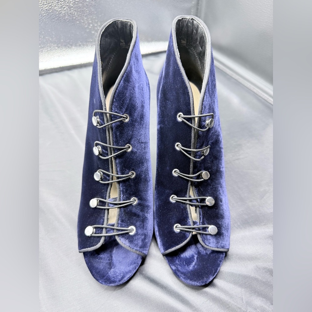 Enzo Angiolini Blue Velvet Lace-Up Peep Toe Booties Stiletto Heel Size 8M